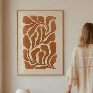 Wydruk ścienny z motywem botanicznym w kolorze spalonej pomarańczy, nowoczesny abstrakcyjny wydruk botaniczny, plakat w odcieniach ziemi, dekoracja ścienna z motywem botanicznym z połowy XX wieku | 0800