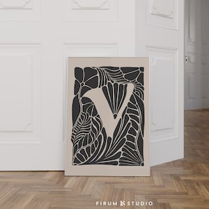Cartaz de arte para impressão da letra V, impressão de arte inicial do sobrenome, impressão de carta para download na entrada, pôster moderno botânico abstrato | 0762