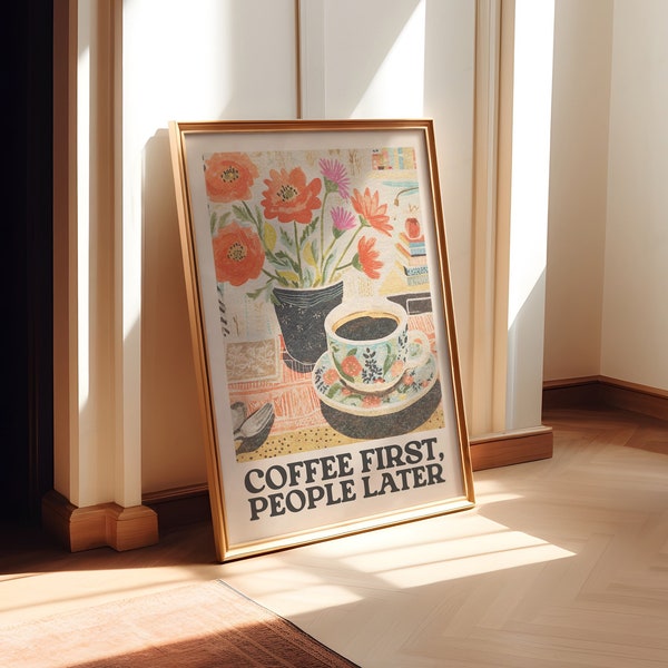 Coffee First, Retro Wall Art,  Downloadable Art, Coffee Cart Print, Coffee Lover Decor, Trendy Retro Poster, Maximalist Wall Art | 0938