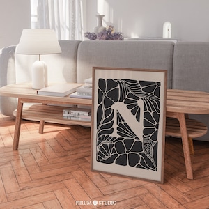 Impresión descargable de la letra N, póster abstracto con letras del alfabeto botánico, decoración de pared con monograma beige y negro, impresiones de letras modernas / 0754