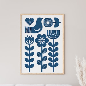 Norwegian Folk Art, Royal Blue Print, Instant Download, Scandinavian Décor, Scandi Folk Art, Living Room Wall Art, Norse Minimal Poster image 1