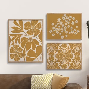 Mustard Yellow Set of 3 Boho Modern Posters, Abstract Floral Downloadable Art, Eclectic Gallery Set | 2244