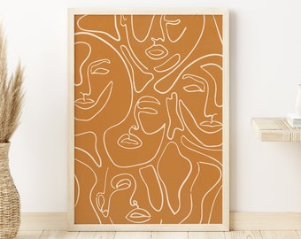Burnt Orange Art, Woman Face Print, Instant Download, Female Line Art, Boho Printable Art, Earth Tones Wall Art, Living Room Wall Art,