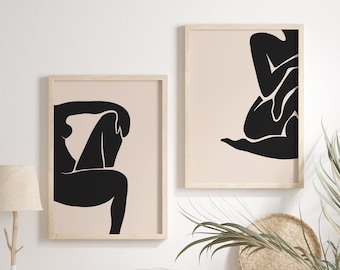 Female Figure Prints, Printable Set of 2, Neutral Colors Set, Beige Black Wall Art, Woman Body, Mid Century Modern, Minimalist Gallery, 2080