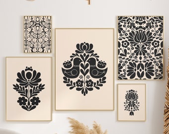 Norway Folk Art, Set of 5 Bundle, Beige Black Print, Digital Download, Printable Set of 5 Neutral Beige Prints, Scandinavian Set of 5, 2004