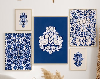 Norway Folk Art, Set of 5 Bundle, Royal Blue Wall Art, Digital Download, Printable Set of 5, Blue and Beige, Scandinavian Set of 5, 2003