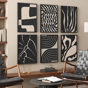 Modern Black Set of 6 Art Prints, Downloadable Art, Mid Century Modern, Black and Beige Modern Gallery Wall | 2153