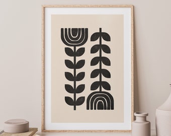 Scandinavian Folk, Beige Black Art, Digital Download, Norway Folk, Abstract Botanical, Scandi Print, Botanical Poster, Nordic Print, 1197