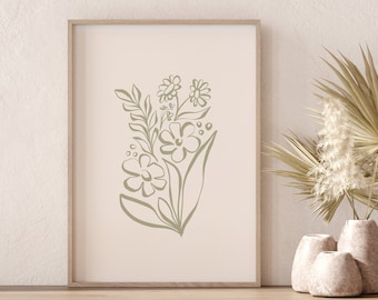 Flowers Line Art, Downloadable Print,Sage Green Decor, Botanical Line Art, Beige Printable Art, Sage Green Wall Art, Abstract Botanical Art