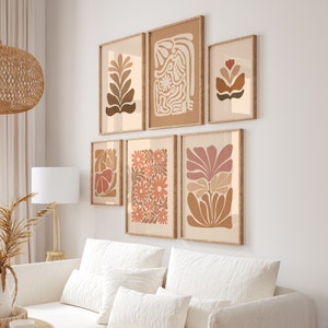Stampe astratte botaniche dai toni caldi, set di 6 stampe da parete stampabili, stampe da parete floreali boho, decorazioni per appartamenti con estetica eclettica / 2049