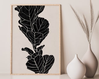 Leaves Drawing, Beige Black Wall Art, Downloadable Print, Botanical Poster, Minimalist Wall Art, Modern Room Decor, Neutral Wall Art