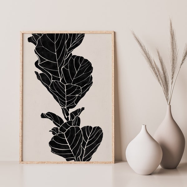 Leaves Drawing, Beige Black Wall Art, Downloadable Print, Botanical Poster, Minimalist Wall Art, Modern Room Decor, Neutral Wall Art