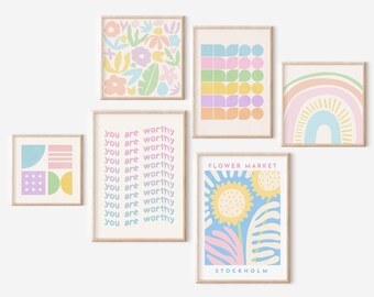 Gallery Wall Prints, Danish Pastel Decor, Flower Market Print, Mid Century Modern, Printable Wall Art, Art Prints Set of 6, Pastel Print Set