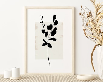 Abstract Botanical Beige Black Wall Art, Printable Wall Art, Minimalist Poster, Large Abstract Print, Cream Beige Print Floral Illustration