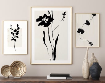 Botanical Print Set, Minimalist Gallery, Printable Set of 3, Beige Black, Abstract Botanical, Modern Gallery Wall, Cream Beige Set, 2027