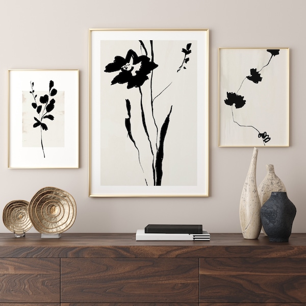 Botanical Print Set, Minimalist Gallery, Printable Set of 3, Beige Black, Abstract Botanical, Modern Gallery Wall, Cream Beige Set, 2027