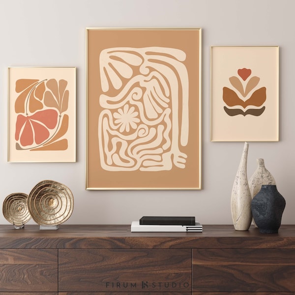 Warm Tone Prints, Wall Art Set of 3, Bohemian Wall Decor, Abstract Botanical, Earth Tones Art, Gallery Wall Set, Boho Botanical Set, 2095