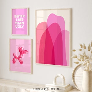 Trendy set van 3 roze downloadbare kunstafdrukken, pop-art set roze posters, esthetisch roze slaapzaaldecor, girly muurgalerijset | 2168