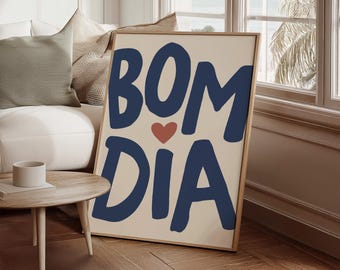 Bom Dia Portuguese Typography Downloadable Print, Blue Printable Quote Art, Trendy Kitchen Decor, Whimsical Digital Art Print | 1509
