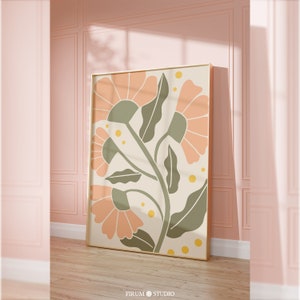 Decoración de pared imprimible en tonos pastel melocotón y verde, impresiones de pared en tonos apagados, póster floral abstracto, arte de pared botánico, estética pastel / 0725