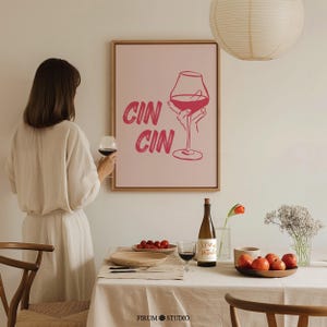Cin Cin 印刷可能な壁アート、ピンクの美しいアパートの装飾、バーカートアートプリント、フェミニンなワインウォールプリント、トレンディなアルコールアートポスター | 0698