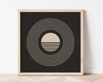 Square Art Print, Mid Century Modern, Instant Download Geometric Wall Art, Black and Beige Retro Circle Minimalist Poster, Modern Room Decor