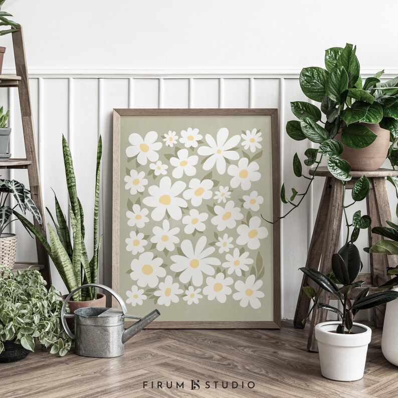 Daisies Wall Art Sage Green Wall Art Digital Print Floral Etsy