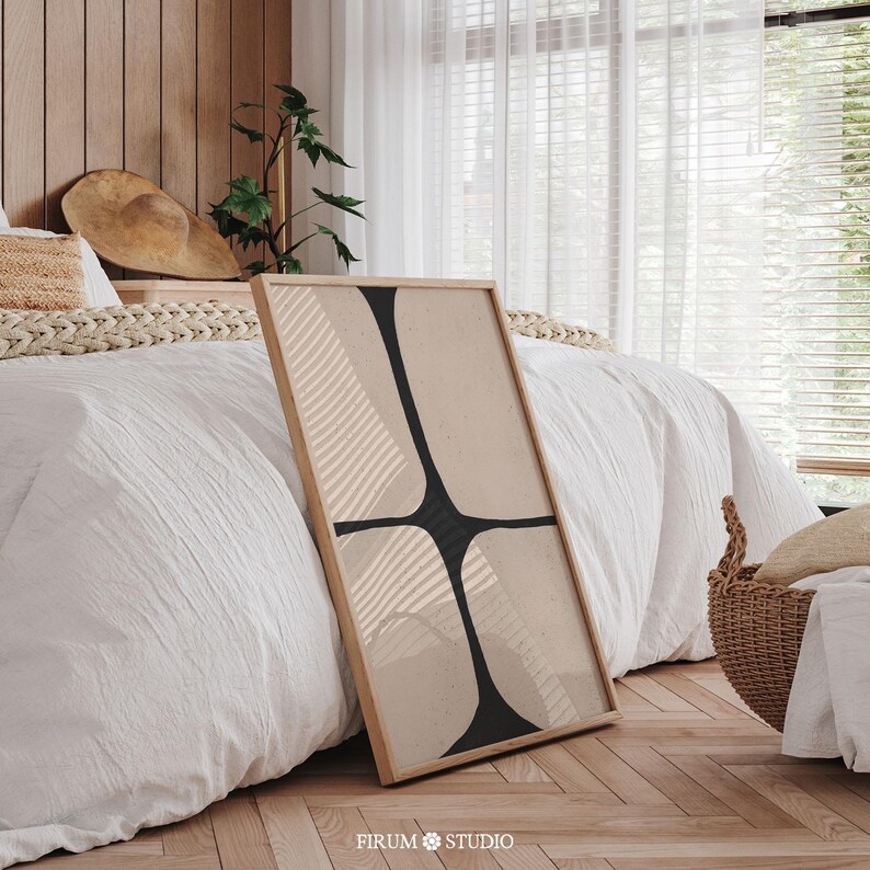 Organic Minimalist Beige and Black Printable Wall Art, modern abstract art. Mid-century modern neutral poster, digital download for home decor. Includes printing guide