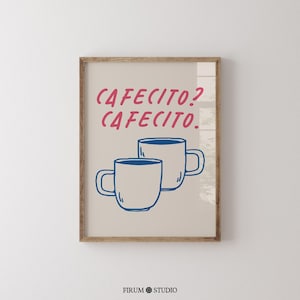 Modern Spanish-inspired coffee wall art featuring a stylish cafecito design. This printable artwork blends minimalist coffee shop aesthetics with warm neutral tones, perfect for coffee bars, kitchens, and cozy breakfast nooks. Available as a high-resolution digital download for instant printing