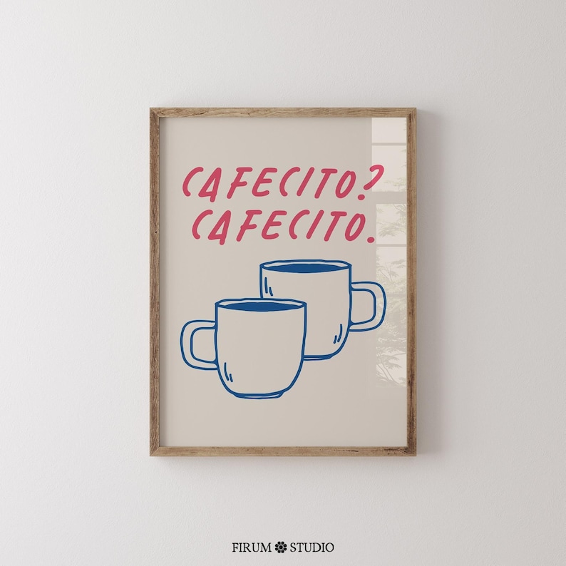 Modern Spanish-inspired coffee wall art featuring a stylish cafecito design. This printable artwork blends minimalist coffee shop aesthetics with warm neutral tones, perfect for coffee bars, kitchens, and cozy breakfast nooks. Available as a high-resolution digital download for instant printing