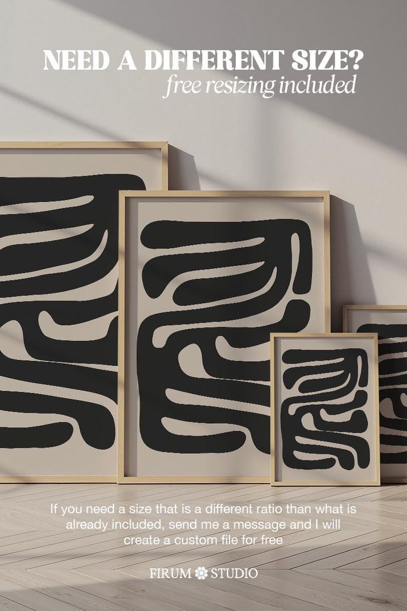 Beige and black abstract mid-century modern wall art featuring organic geometric shapes. This printable artwork blends minimalist aesthetics with neutral tones, perfect for contemporary living rooms, bedrooms, and offices. Available as a high-resolution digital download for instant printing