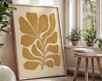 Mustard Yellow Organic Botanical Art, Earth Tones Minimalist Wall Print for Living Room, Digital Download | 1120