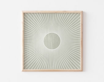 Sage Green Wall Art, Sunburst Wall Decor, Square Art Print, Mid Century Modern, Digital Download, Office Wall Art, Minimalist Poster