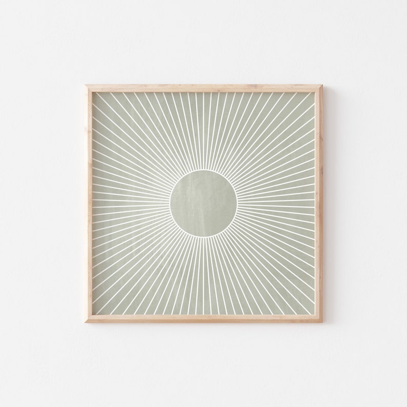 Sage Green Wall Art, Sunburst Wall Decor, Square Art Print, Mid Century Modern, Digital Download, Office Wall Art, Minimalist Poster image 1