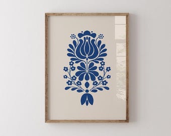 Blue Floral Scandinavian Art Print - Nordic Folk Design, Eclectic Apartment Decor, Digital Download | 1071