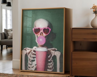 Vintage Skeleton Coffee Printable Wall Art, Retro Halloween Coffee Corner Wall Decor, Quirky and Spooky Kitchen Art Print | 1418