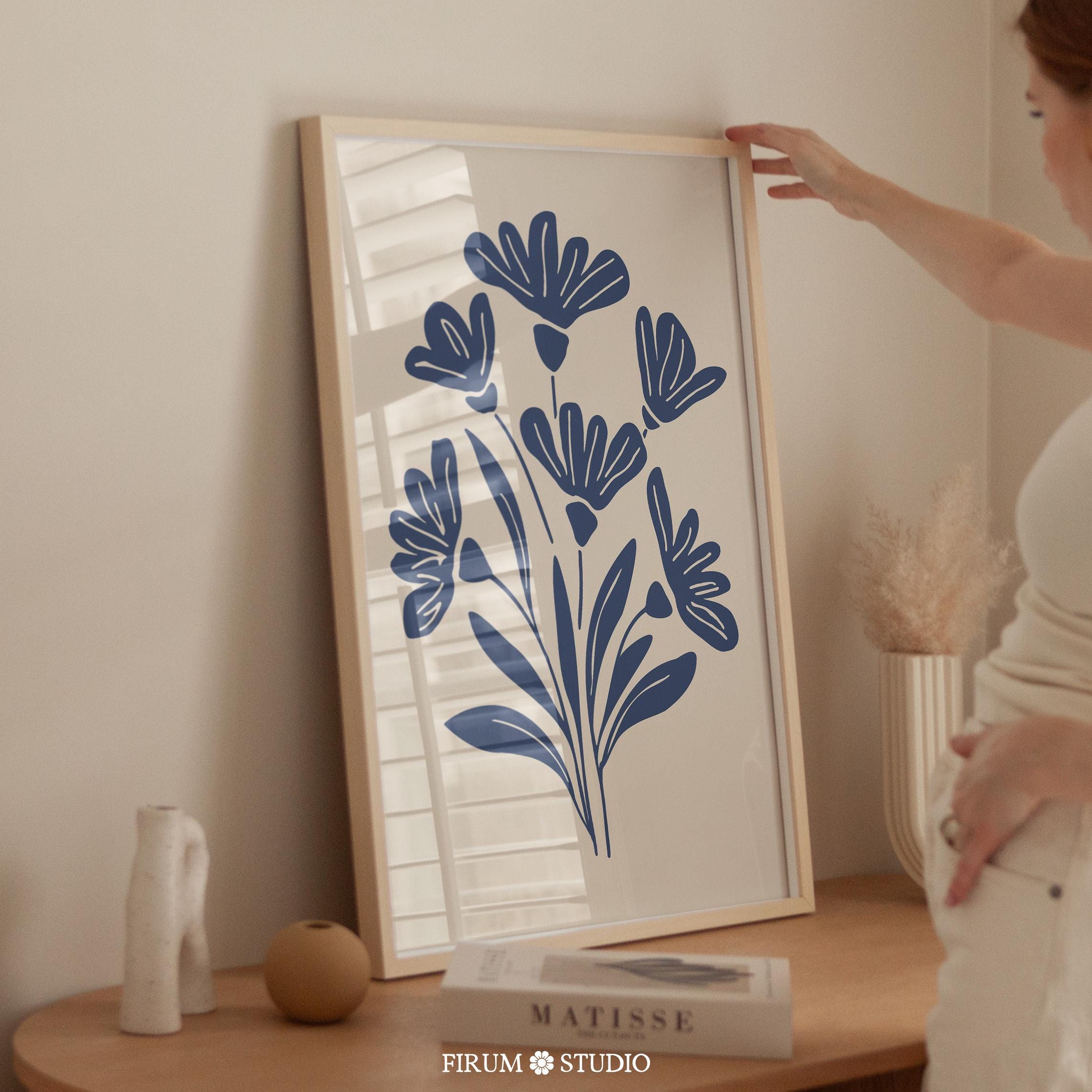 Stampa artistica floreale blu Boho, download digitale, arte murale verde senape e blu navy per camera da letto, arredamento moderno per la casa / 0931