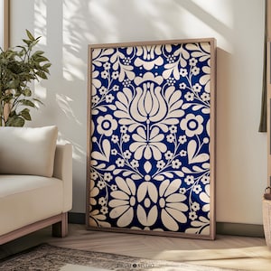 Descarga de arte digital noruego, arte popular noruego, impresión escandinava, impresión azul y beige, póster minimalista, arte mural azul real / 1094