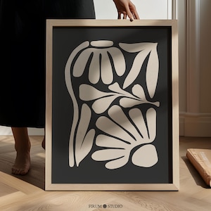 Imprimible abstracto de estilo melancólico: arte mural botánico moderno de mediados de siglo, formas orgánicas en beige y negro, decoración escandinava / 1277