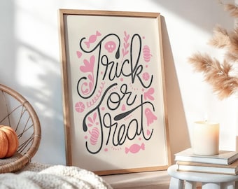 Trick or Treat, Pink Halloween Art, Digital Print, Halloween Printable, Cute Halloween Art, Pastel Goth Decor, Boho Halloween Print | 1588