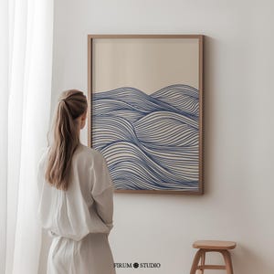 Lámina artística de olas azules, decoración marina moderna de mediados de siglo, descarga digital / 1050