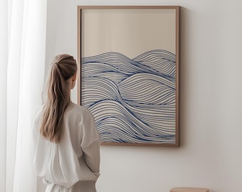 Stampa artistica Blue Wave Line, decorazione oceanica in stile Mid-Century Modern, download digitale / 1050