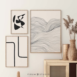 Galleria di metà secolo, astratto beige nero, set astratto di 3, download digitale, parete della galleria moderna, arte estetica leggera, set di colori neutri