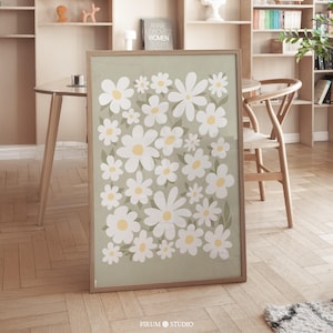 Daisies Wall Art, Sage Green Wall Art, Digital Print, Floral Illustration, Daisy Art Print, Boho Wall Art, Sage Green Flowers Poster | 1633