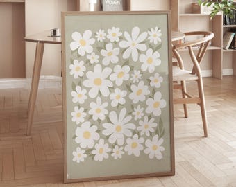 Arte murale con margherite, arte murale verde salvia, stampa digitale, illustrazione floreale, stampa artistica con margherite, arte murale boho, poster con fiori verde salvia / 1633