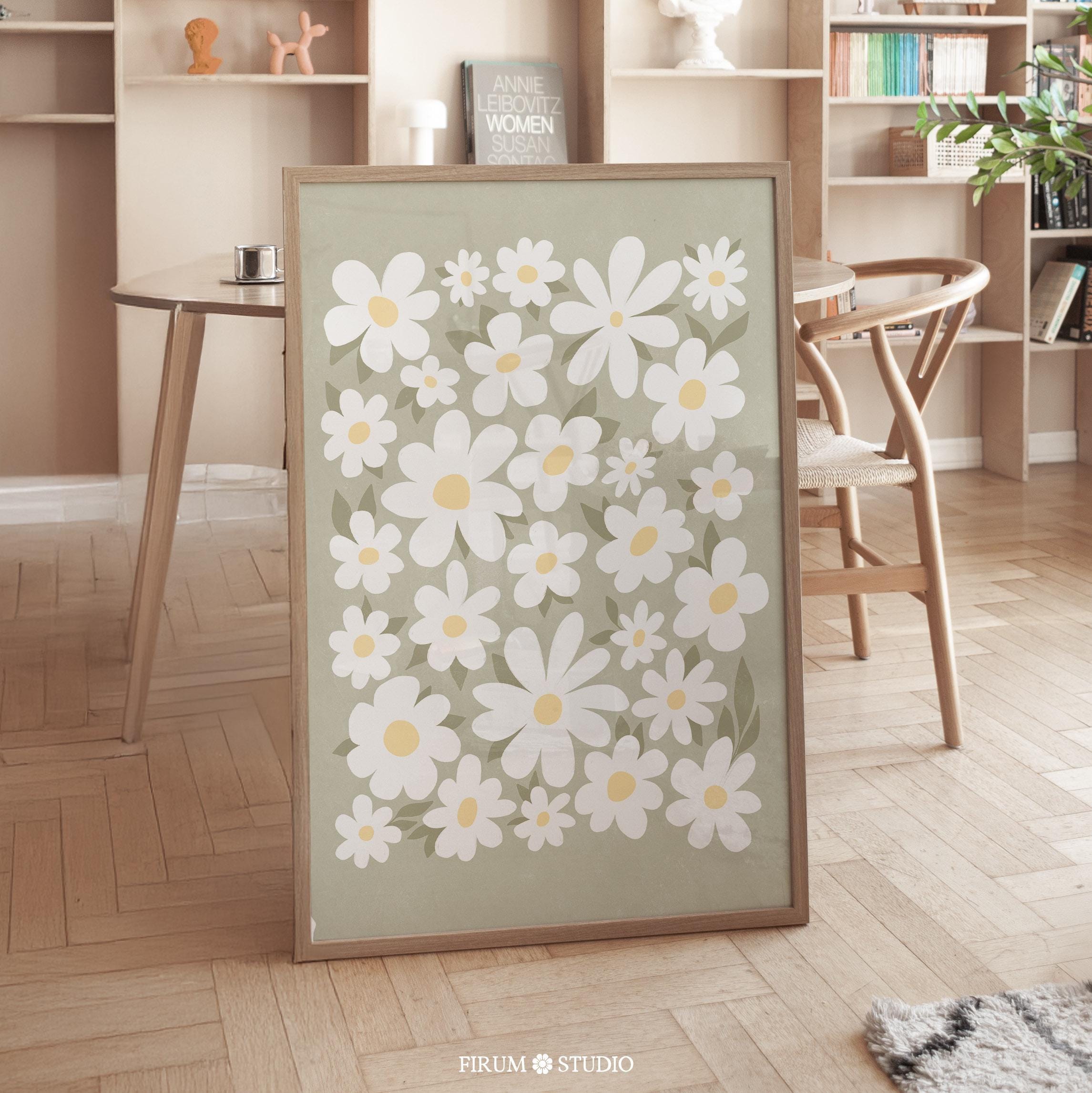 Daisies Wall Art, Sage Green Wall Art, Digital Print, Floral Illustration, Daisy Art Print, Boho Wall Art, Sage Green Flowers Poster | 1633