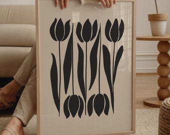 Black and Beige Tulips Wall Art, Mid Century Modern Botanical Print, Floral Printable Art, Moody Floral Print | 1591