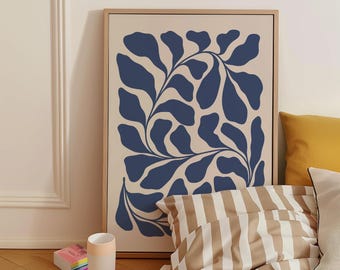 May include: A rectangular framed wall art piece featuring a beige background with a dark blue organic leaf pattern. The frame is light wood. The text FIRUM STUDIO is printed in white at the bottom center of the frame and on the artwork itself.