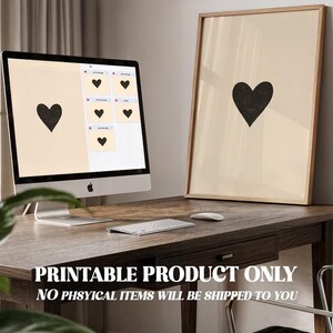 Minimalist Heart Beige and Black Downloadable Print, modern room decor. Neutral aesthetic printable wall art for bedroom or living room, minimalist digital poster. Includes printing guide