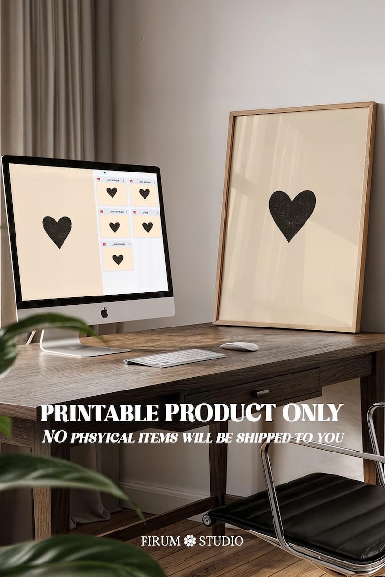 Minimalist Heart Beige and Black Downloadable Print, modern room decor. Neutral aesthetic printable wall art for bedroom or living room, minimalist digital poster. Includes printing guide